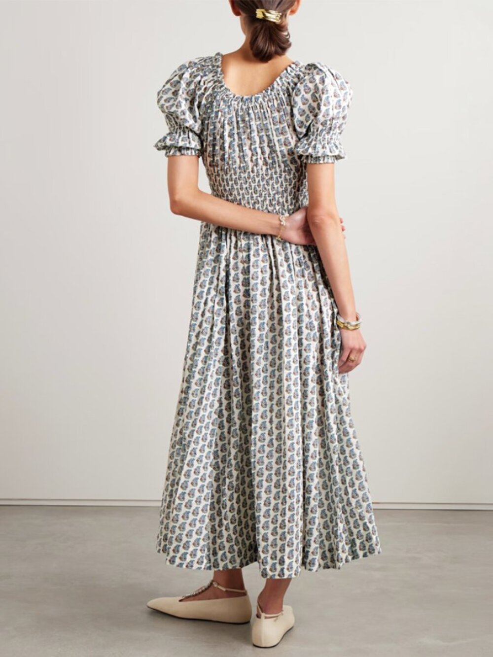 DÔEN Ischia Shirred Floral Midi Dress in Sea Salt Paisley Size L - Picture 2 of 7